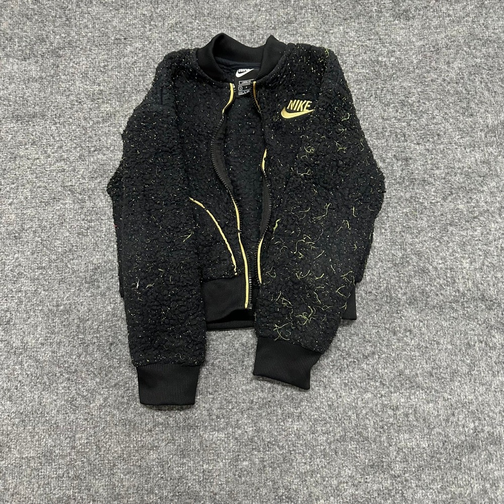Nike Bomber Jacket Womens Size S Black Gold Metallic Thread Loose Fit Fleece Zip